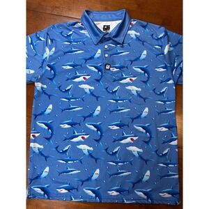 GH Golf Polo Mens Large Blue Shark All Over Print Short Sleeve Performance Shirt